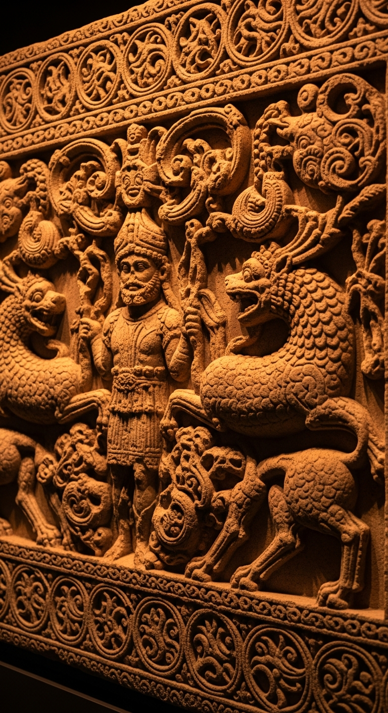 AI_IMAGE: An ancient stone relief carving depicting mythological creatures and heroes, warm amber lighting casting dramatic shadows across detailed Anatolian motifs, museum-quality photography with shallow depth of field | photorealistic | portrait