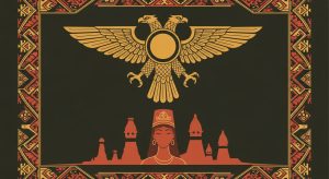AI_IMAGE: Stylized Anatolian mythology emblem featuring a Hittite double-headed eagle with sun disk, Cybele mother goddess silhouette, Phrygian cap motif, Cappadocia fairy chimney outlines at bottom, ornate Anatolian kilim geometric border, warm terracotta and burnt sienna with gold on dark olive background | digital-art | landscape