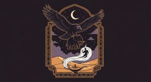 AI_IMAGE: Stylized Arabian mythology emblem with a giant Roc bird silhouette carrying an elephant, magic lamp with swirling smoke forming a jinn figure, crescent moon and desert dunes motif, ornate Islamic geometric lattice border, warm sandy gold and deep desert purple on dark starry night background | digital-art | landscape