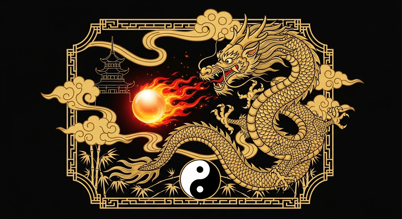 AI_IMAGE: Stylized Chinese mythology emblem with a coiling imperial five-clawed dragon chasing a flaming pearl, yin-yang symbol at center, cloud scroll patterns, pagoda silhouette and bamboo motifs, ornate Chinese lattice border, rich imperial red and gold on deep black background | digital-art | landscape