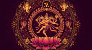AI_IMAGE: Stylized Hindu mythology emblem with dancing Shiva Nataraja in a ring of cosmic fire at center, lotus flower base, Om symbol above, ornate mandala border pattern, Ganesha and cobra motifs, rich saffron orange and deep magenta with gold on dark purple background | digital-art | landscape