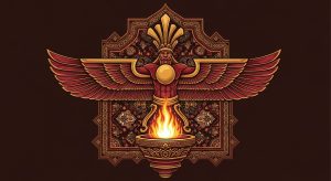 AI_IMAGE: Stylized Persian mythological emblem with a winged Faravahar symbol at center, ornate fire altar with eternal flame below, intricate Zoroastrian geometric border patterns, rich burgundy and gold color palette on deep dark brown background, Persian carpet motif accents | digital-art | landscape