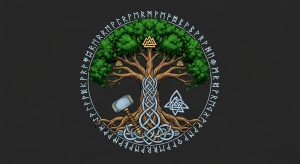 AI_IMAGE: Stylized Norse mythology emblem featuring Yggdrasil world tree with intricate Viking knotwork roots, Thor hammer Mjolnir at the base, rune circle border, Valknut symbol, deep forest green and icy silver-blue with gold accents on dark charcoal background | digital-art | landscape