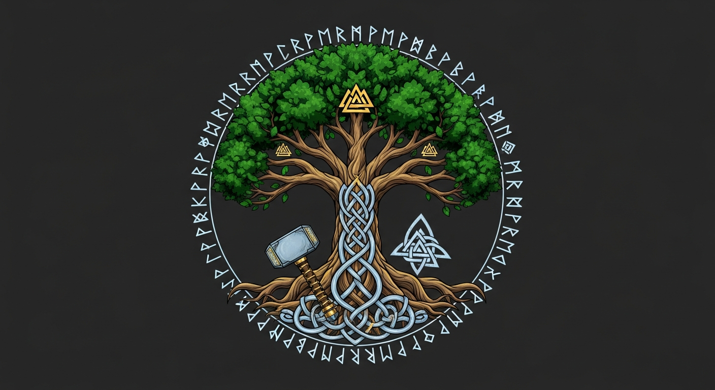 AI_IMAGE: Stylized Norse mythology emblem featuring Yggdrasil world tree with intricate Viking knotwork roots, Thor hammer Mjolnir at the base, rune circle border, Valknut symbol, deep forest green and icy silver-blue with gold accents on dark charcoal background | digital-art | landscape