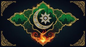 AI_IMAGE: Stylized Islamic mythology emblem with an ornate crescent moon and star at center surrounded by intricate arabesque geometric patterns, mosque dome silhouette, jinn fire motif swirling upward, calligraphic flourish border, rich emerald green and gold on deep midnight blue background | digital-art | landscape