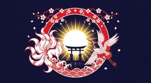 AI_IMAGE: Stylized Japanese mythology emblem with a radiant Amaterasu sun disk at center, torii gate silhouette, nine-tailed fox (kitsune) and crane motifs flanking the sun, cherry blossom branch accents, wave pattern (seigaiha) border, crimson red and white with gold accents on deep indigo background | digital-art | landscape