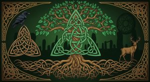 AI_IMAGE: Stylized Celtic mythology emblem with an intricate Trinity knot (triquetra) at center, Celtic tree of life with intertwined branches and roots, standing stone circle silhouette, raven and stag motifs, ornate Celtic interlace knotwork border, emerald green and bronze gold on deep forest dark background | digital-art | landscape