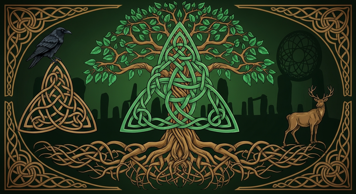 AI_IMAGE: Stylized Celtic mythology emblem with an intricate Trinity knot (triquetra) at center, Celtic tree of life with intertwined branches and roots, standing stone circle silhouette, raven and stag motifs, ornate Celtic interlace knotwork border, emerald green and bronze gold on deep forest dark background | digital-art | landscape