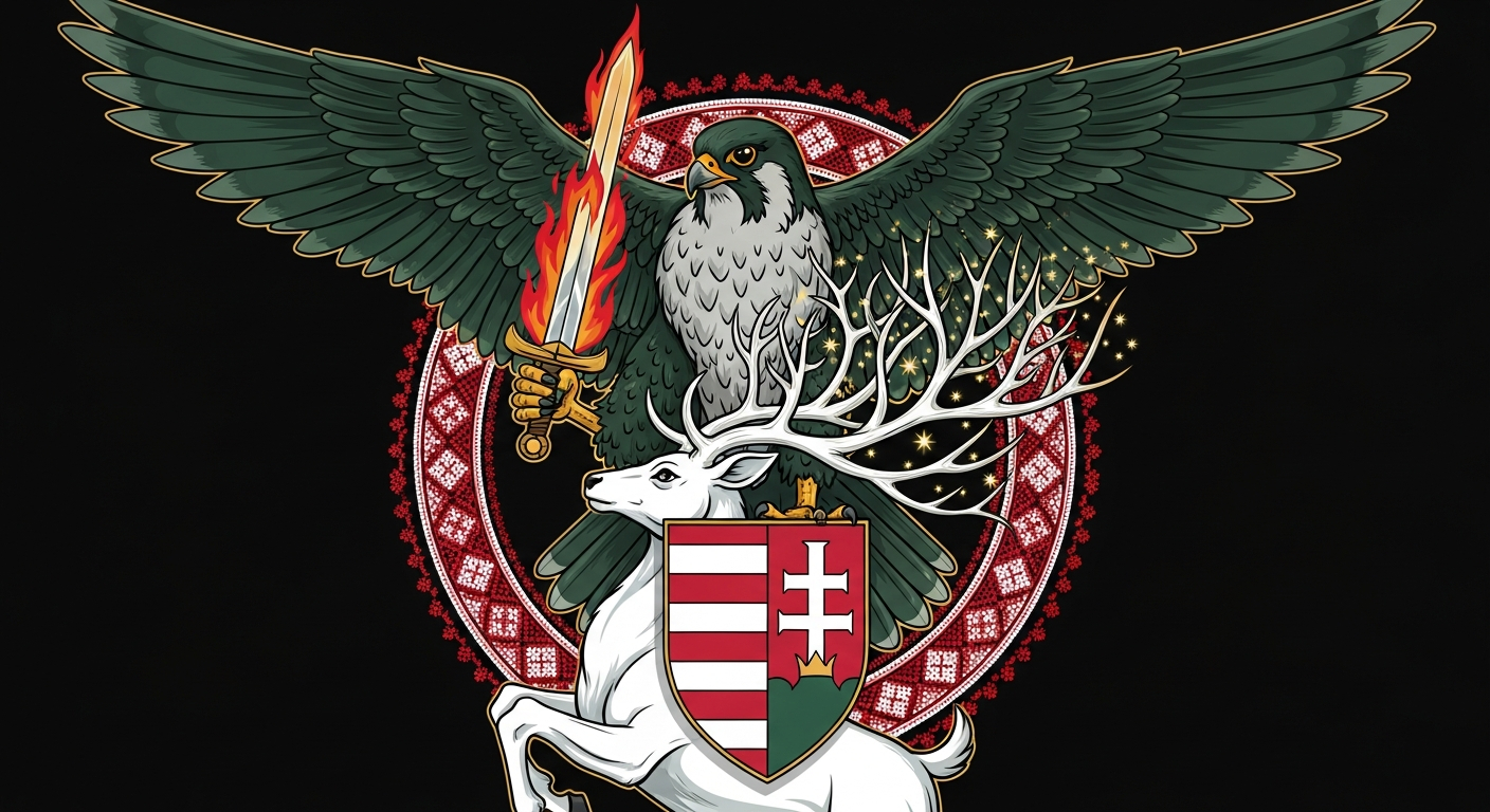 AI_IMAGE: Stylized Hungarian mythology emblem with a Turul falcon bird with spread wings holding a flaming sword, white stag (Csodaszarvas) with starry antlers below, Hungarian folk embroidery motif border in red and white, Arpad dynasty shield, deep hunter green and crimson with gold on dark background | digital-art | landscape