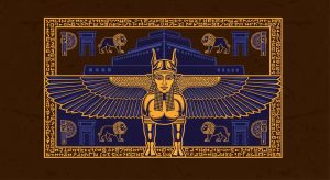 AI_IMAGE: Stylized Mesopotamian emblem with a Lamassu (winged bull with human head) at center, ziggurat stepped pyramid silhouette behind, cuneiform script border pattern, Ishtar gate lion motifs, rich deep indigo and warm ochre gold on dark clay brown background | digital-art | landscape