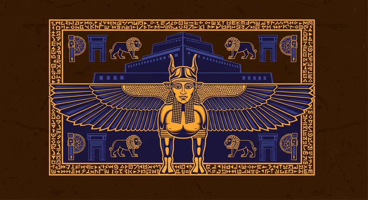 AI_IMAGE: Stylized Mesopotamian emblem with a Lamassu (winged bull with human head) at center, ziggurat stepped pyramid silhouette behind, cuneiform script border pattern, Ishtar gate lion motifs, rich deep indigo and warm ochre gold on dark clay brown background | digital-art | landscape