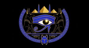 AI_IMAGE: Stylized Ancient Egyptian emblem with Eye of Horus at center, flanked by symmetrical Anubis jackal silhouettes, pyramid and obelisk motifs, hieroglyphic decorative border, scarab beetle at the base, rich lapis lazuli blue and gold on deep black background | digital-art | landscape