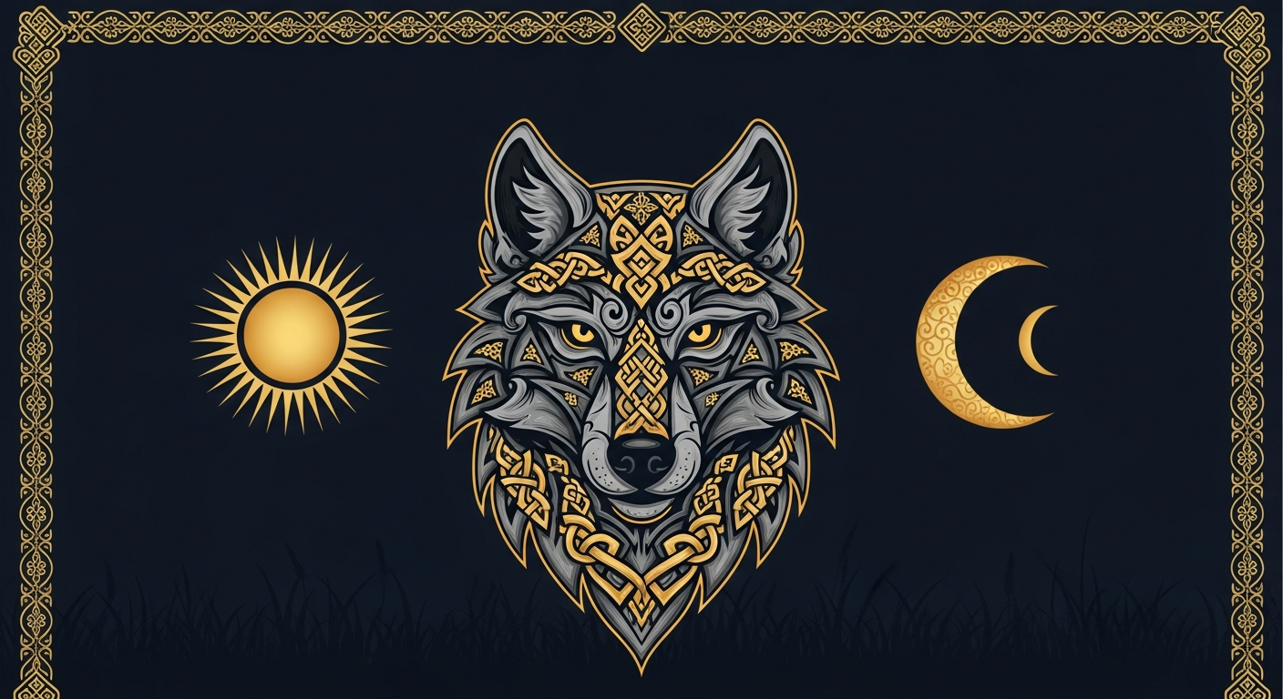 AI_IMAGE: Stylized ancient Turkic emblem featuring a grey wolf head with ornate geometric knotwork patterns, golden celestial symbols (sun and crescent moon) flanking the wolf, deep navy blue background with subtle steppe grass silhouettes at the bottom, ethnic decorative border with Central Asian motifs, warm gold and amber color palette on dark background | digital-art | landscape