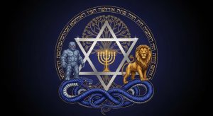 AI_IMAGE: Stylized Jewish mythology emblem with Star of David at center containing the Kabbalistic Tree of Life (Sefirot), menorah candelabra silhouette, Golem clay figure motif, Hebrew letter border pattern, Leviathan sea serpent coiling at the base, deep sapphire blue and silver with gold on dark background | digital-art | landscape