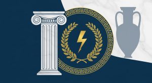 AI_IMAGE: Stylized Greek mythology emblem with an Ionic column and olive wreath surrounding a lightning bolt of Zeus, Greek key meander border pattern, classical amphora silhouette in background, deep Mediterranean blue and marble white with gold accent color palette | digital-art | landscape