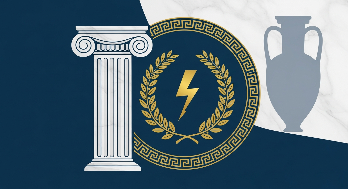AI_IMAGE: Stylized Greek mythology emblem with an Ionic column and olive wreath surrounding a lightning bolt of Zeus, Greek key meander border pattern, classical amphora silhouette in background, deep Mediterranean blue and marble white with gold accent color palette | digital-art | landscape