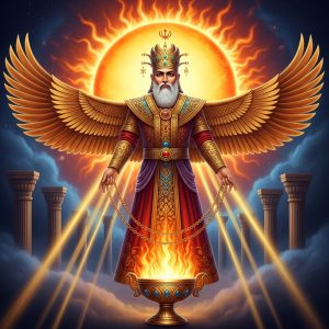 AI_IMAGE: Majestic Zoroastrian supreme deity Ahura Mazda depicted as a radiant winged figure emerging from a blazing sun disk, wearing ornate golden Persian robes, Faravahar symbol forming his wings, eternal sacred fire burning below, golden rays piercing through cosmic darkness, ancient Persian palace columns in background, divine and transcendent atmosphere | digital-art | square