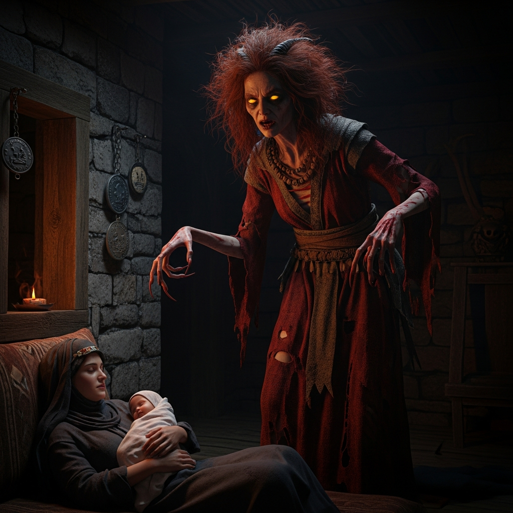 AI_IMAGE: Terrifying Al Karisi demon appearing as a tall gaunt woman dressed in blood-red tattered robes, wild disheveled red hair, elongated fingers reaching toward a sleeping mother and newborn, lurking in the shadows of a dimly lit traditional Kurdish stone house, only her glowing yellow eyes visible in the darkness, protective amulets hanging on the wall, sinister and threatening atmosphere | digital-art | square