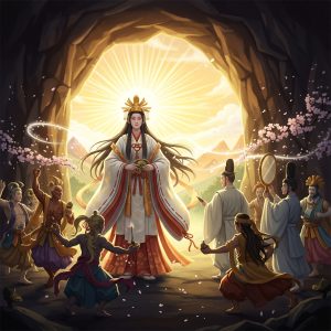 AI_IMAGE: Radiant Japanese sun goddess Amaterasu emerging from a dark cave, brilliant golden light flooding outward, wearing elaborate white and gold Shinto ceremonial robes, sacred mirror Yata no Kagami held by attendant gods, other kami performing celebratory dance outside the cave, cherry blossoms carried by divine wind, transcendent and joyful atmosphere | digital-art | square