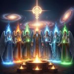 AI_IMAGE: Six radiant Zoroastrian Amesha Spentas (Holy Immortals) standing in a semicircle around a sacred fire altar, each emanating a different colored divine light representing their domain (earth, water, fire, metal, plants, animals), ethereal angelic forms in flowing white and gold robes, cosmic starfield behind them, Faravahar symbol glowing above, transcendent and holy atmosphere | digital-art | square
