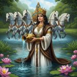 AI_IMAGE: Beautiful Persian goddess Anahita standing in a crystal clear river, wearing a golden crown with star motifs and a flowing white dress adorned with beaver fur trim, holding a golden water vessel pouring life-giving waters, lotus flowers blooming around her feet, four white horses pulling her chariot in the background, lush green Persian paradise garden setting, divine feminine beauty and power | digital-art | square