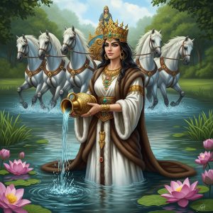 AI_IMAGE: Beautiful Persian goddess Anahita standing in a crystal clear river, wearing a golden crown with star motifs and a flowing white dress adorned with beaver fur trim, holding a golden water vessel pouring life-giving waters, lotus flowers blooming around her feet, four white horses pulling her chariot in the background, lush green Persian paradise garden setting, divine feminine beauty and power | digital-art | square