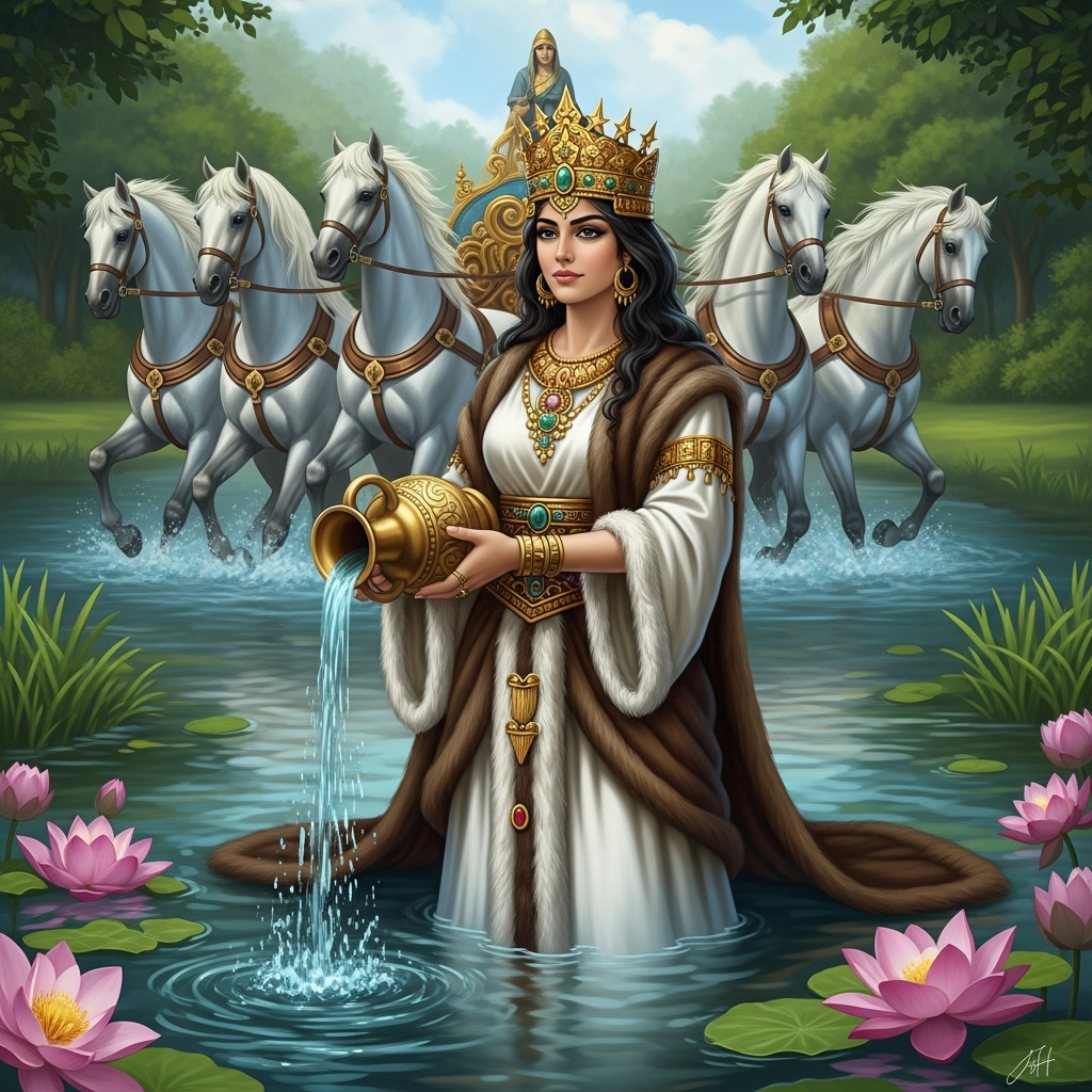 AI_IMAGE: Beautiful Persian goddess Anahita standing in a crystal clear river, wearing a golden crown with star motifs and a flowing white dress adorned with beaver fur trim, holding a golden water vessel pouring life-giving waters, lotus flowers blooming around her feet, four white horses pulling her chariot in the background, lush green Persian paradise garden setting, divine feminine beauty and power | digital-art | square