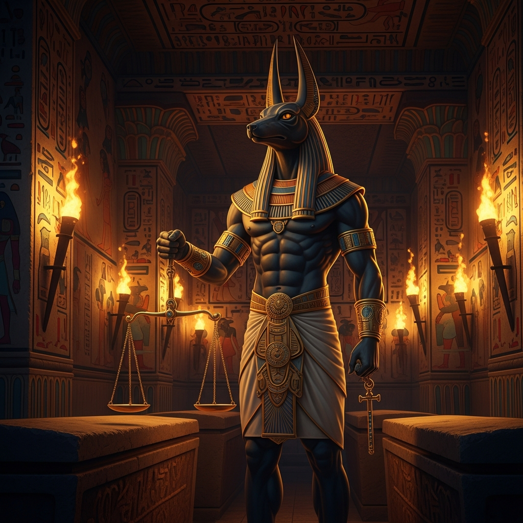 AI_IMAGE: Ancient Egyptian god Anubis with jackal head and human body, standing in a torch-lit underground tomb chamber, golden ceremonial jewelry, hieroglyphic walls, scales of judgment in one hand, mysterious amber lighting with deep shadows | digital-art | square