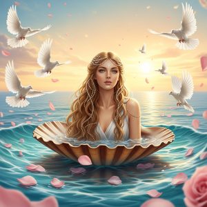 AI_IMAGE: Ethereal Greek goddess Aphrodite emerging from seafoam on a giant scallop shell, flowing golden hair adorned with pearls, luminous skin, surrounded by white doves and rose petals floating on turquoise Mediterranean water, soft golden hour light, romantic and divine beauty | digital-art | square
