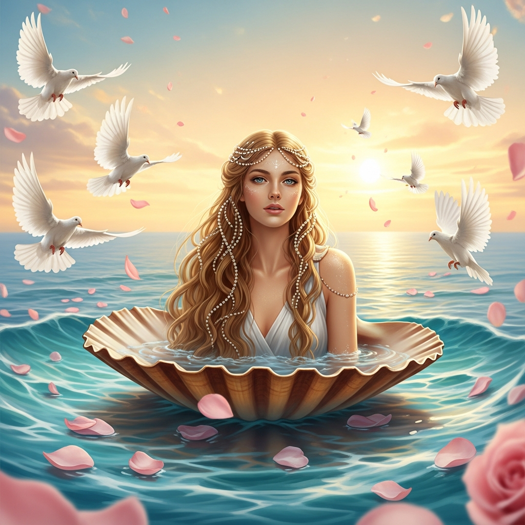 AI_IMAGE: Ethereal Greek goddess Aphrodite emerging from seafoam on a giant scallop shell, flowing golden hair adorned with pearls, luminous skin, surrounded by white doves and rose petals floating on turquoise Mediterranean water, soft golden hour light, romantic and divine beauty | digital-art | square