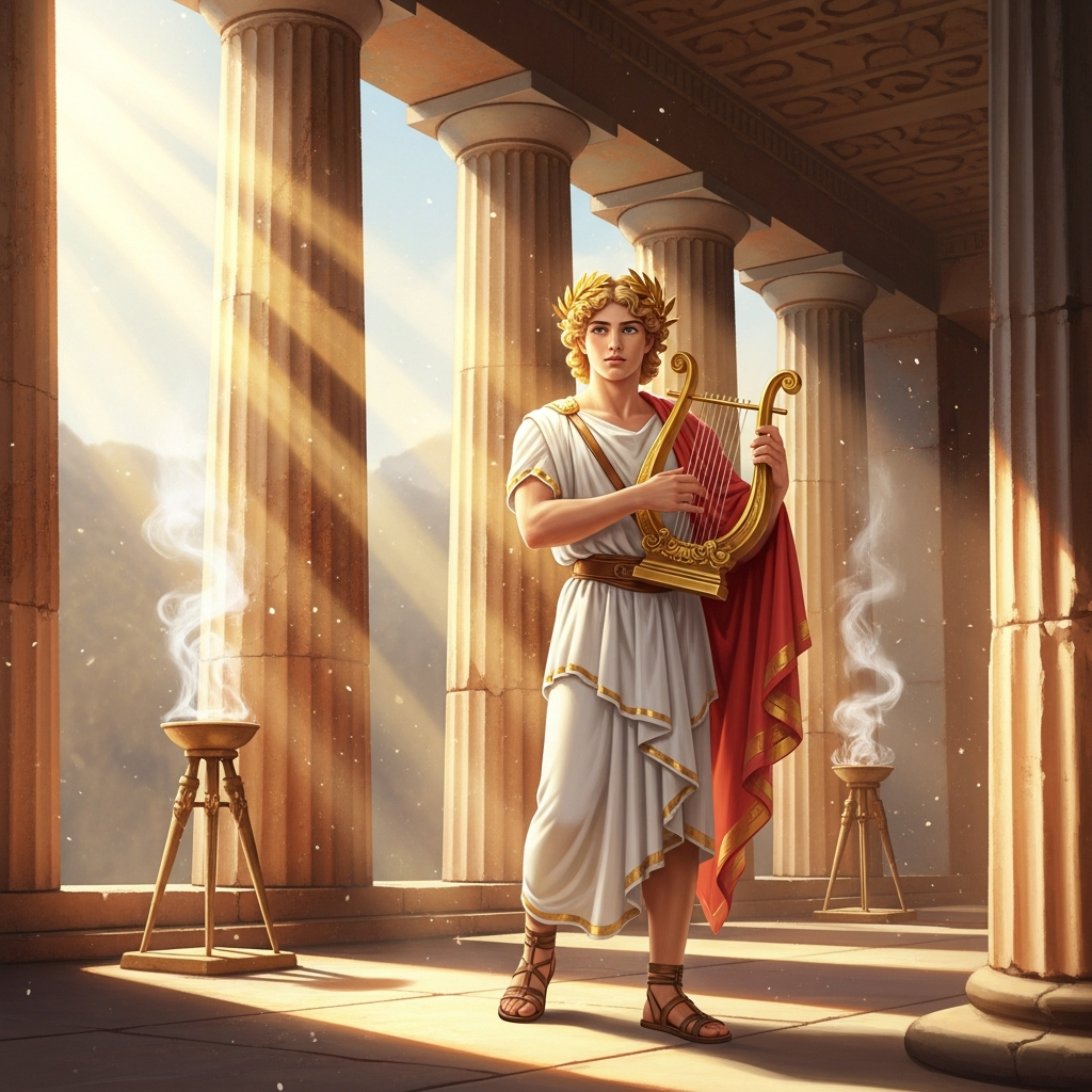 AI_IMAGE: Radiant Greek god Apollo standing in the sacred temple at Delphi, youthful and handsome with golden curly hair crowned with laurel wreath, playing a golden lyre, rays of sunlight streaming through marble columns, oracle's tripod with rising smoke in background, warm divine golden atmosphere | digital-art | square