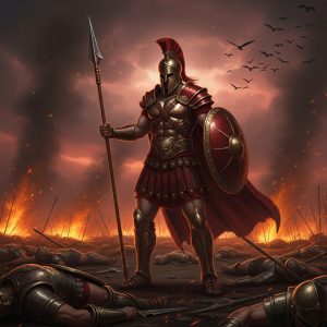 AI_IMAGE: Fierce Greek god of war Ares in blood-red battle armor with a plumed bronze helmet, wielding a massive spear, standing on a burning battlefield with fallen warriors around, dark stormy sky with red-orange glow, vultures circling overhead, aggressive and fearsome atmosphere | digital-art | square