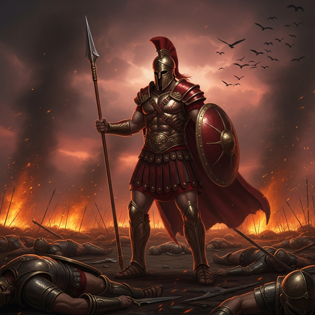 AI_IMAGE: Fierce Greek god of war Ares in blood-red battle armor with a plumed bronze helmet, wielding a massive spear, standing on a burning battlefield with fallen warriors around, dark stormy sky with red-orange glow, vultures circling overhead, aggressive and fearsome atmosphere | digital-art | square