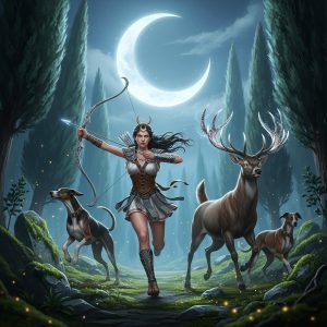 AI_IMAGE: Wild and fierce Greek goddess Artemis running through a moonlit ancient forest with silver bow drawn, accompanied by hunting dogs and a sacred deer, crescent moon glowing above, wearing a short hunting tunic, silver light filtering through tall cypress trees, mysterious and untamed atmosphere | digital-art | square
