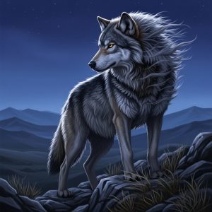 AI_IMAGE: A powerful grey wolf standing on a rocky cliff overlooking vast Central Asian steppes at twilight, wind blowing through its thick fur, piercing golden eyes glowing, distant mountains under a deep indigo sky with first stars appearing, mythic and ancestral atmosphere | digital-art | square