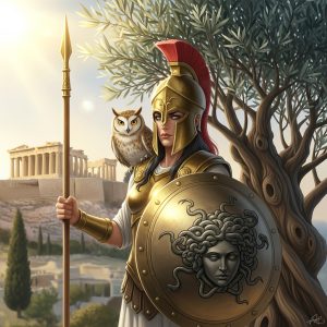 AI_IMAGE: Noble Greek goddess Athena standing in full battle armor with golden helmet pushed back revealing wise grey eyes, holding a long spear and round shield bearing Medusa's head (Aegis), an owl perched on her shoulder, olive tree behind her, Parthenon temple in background, warm golden sunlight, dignified and intellectual atmosphere | digital-art | square