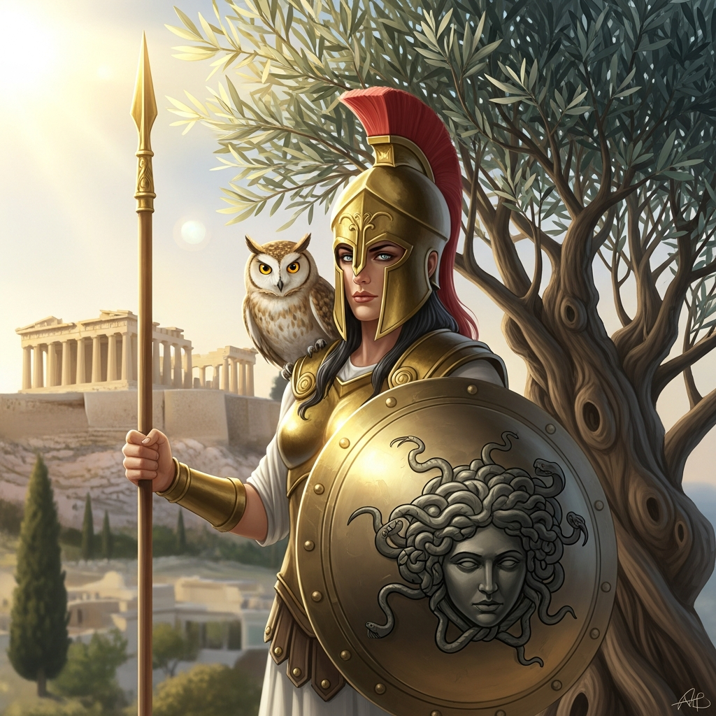 AI_IMAGE: Noble Greek goddess Athena standing in full battle armor with golden helmet pushed back revealing wise grey eyes, holding a long spear and round shield bearing Medusa's head (Aegis), an owl perched on her shoulder, olive tree behind her, Parthenon temple in background, warm golden sunlight, dignified and intellectual atmosphere | digital-art | square