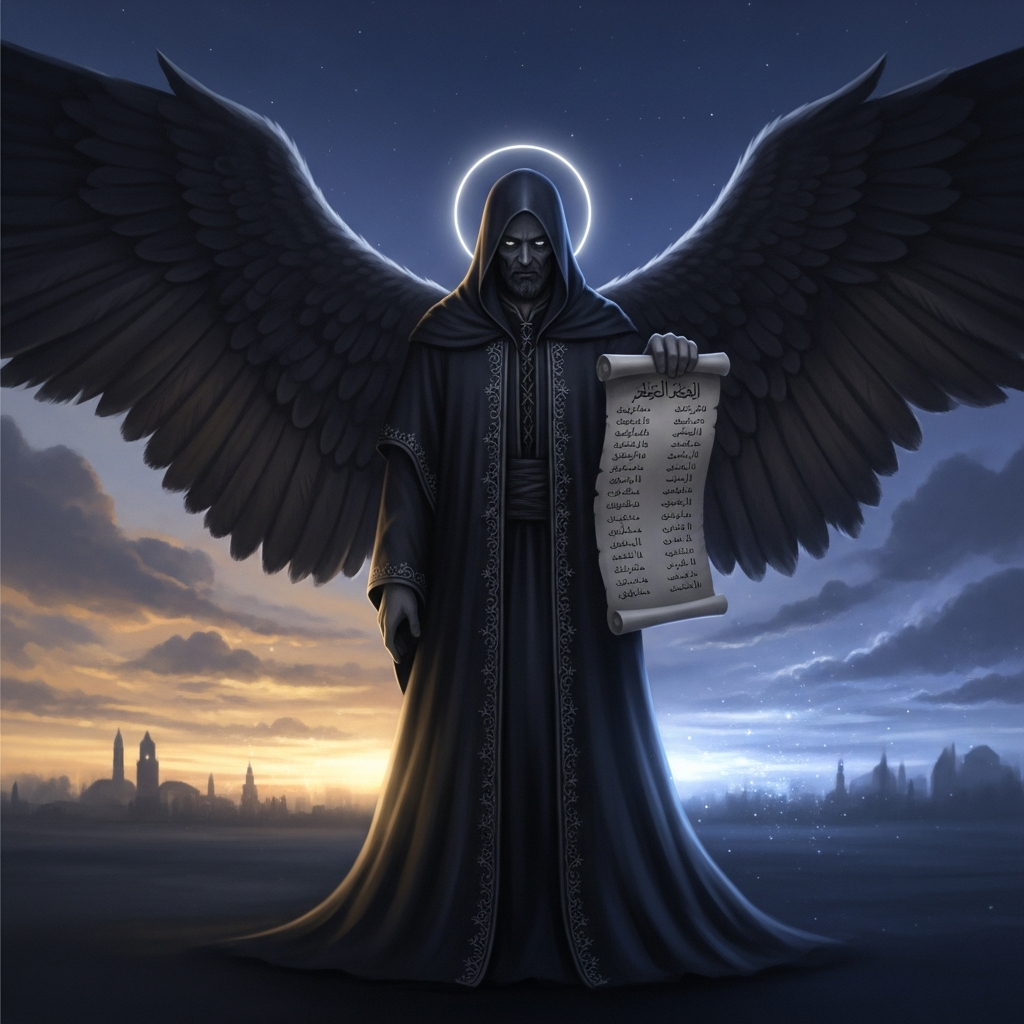 AI_IMAGE: Imposing Islamic Angel of Death Azrael with enormous dark wings spanning the sky, solemn and dignified expression, wearing flowing dark robes with subtle silver embroidery, holding a scroll listing souls, standing at the boundary between the mortal world and the afterlife, twilight sky transitioning from warm gold to deep indigo, solemn and inevitable atmosphere | digital-art | square