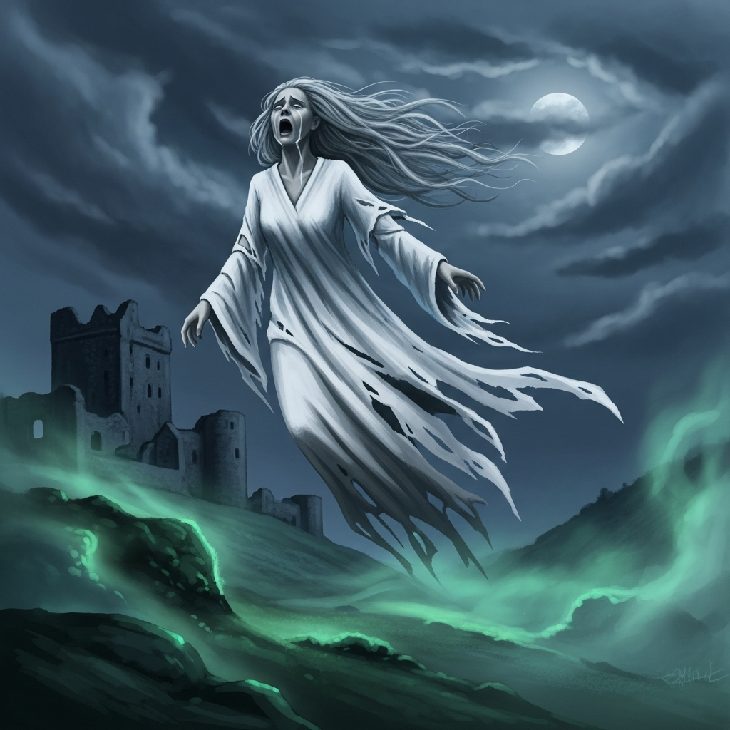 AI_IMAGE: Ghostly Irish Banshee wailing spirit floating above a misty Celtic hillside at night, pale ethereal woman in tattered white robes with long streaming silver hair, mouth open in a haunting scream, tears streaming down translucent face, ancient Irish castle ruins in background, full moon behind dark clouds, eerie green-blue mist, chilling and sorrowful atmosphere | digital-art | square