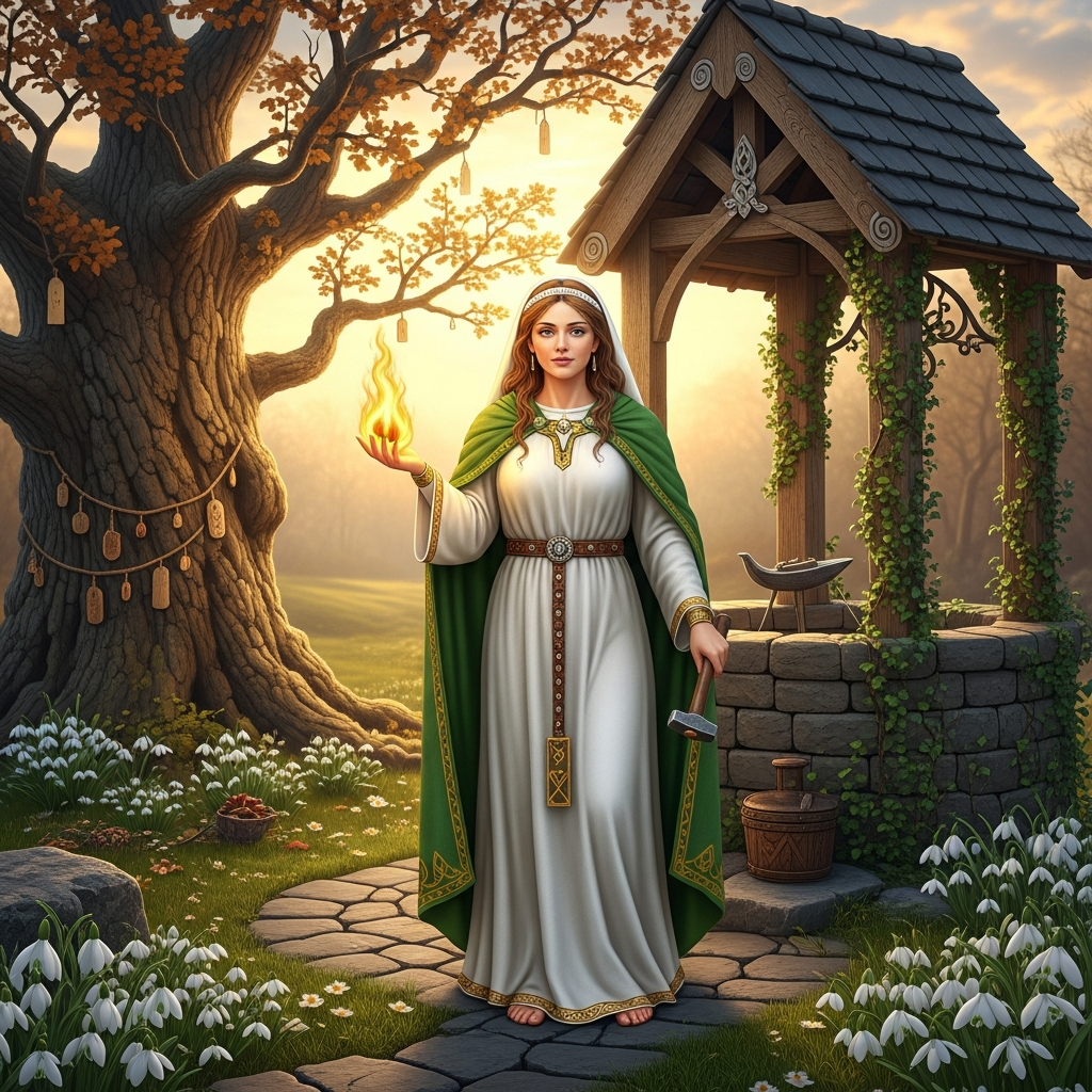 AI_IMAGE: Radiant Celtic goddess Brigid standing at a sacred holy well in Ireland, wearing flowing green and white robes, holding an eternal flame in one hand and a smithing hammer in the other, snowdrops and early spring flowers blooming at her feet, ancient oak tree with offerings tied to its branches, warm golden light despite winter landscape, nurturing and creative divine feminine energy | digital-art | square