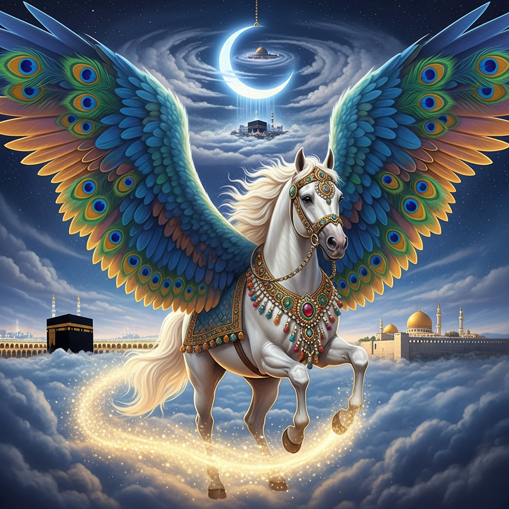 AI_IMAGE: Magnificent Islamic celestial steed Buraq with the body of a white horse, enormous peacock-like wings, human face with gentle expression, pearl and jewel adorned bridle, galloping through a starlit night sky from Mecca to Jerusalem, crescent moon and seven heavens visible above, divine luminescence trailing behind, sacred and transcendent Islamic art atmosphere | digital-art | square