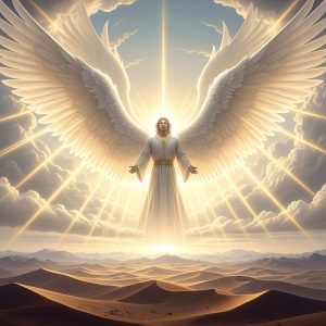 AI_IMAGE: Majestic archangel Gabriel (Jibril) with six hundred enormous luminous white wings filling the horizon, radiant figure of pure light, standing between heaven and earth, golden celestial rays emanating outward, ancient desert landscape far below, overwhelming divine presence, warm white and gold tones | digital-art | square