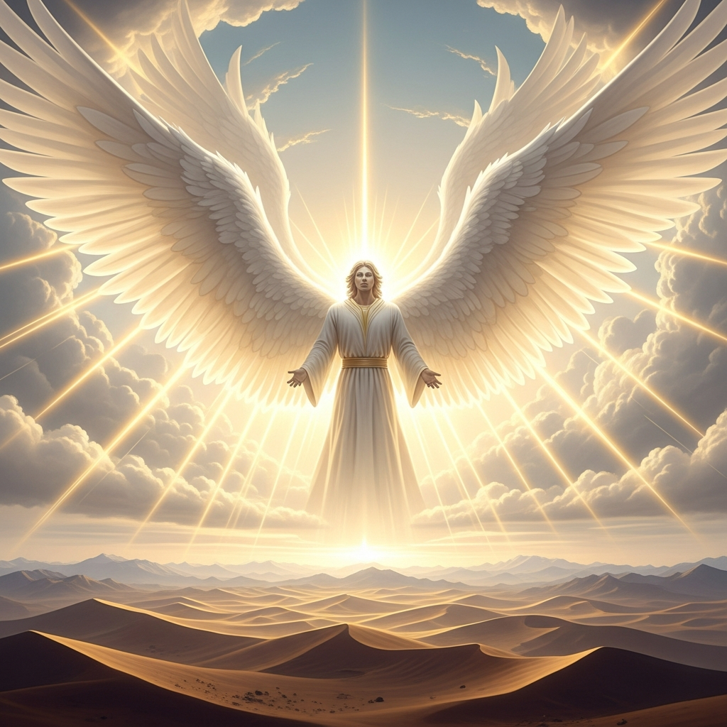 AI_IMAGE: Majestic archangel Gabriel (Jibril) with six hundred enormous luminous white wings filling the horizon, radiant figure of pure light, standing between heaven and earth, golden celestial rays emanating outward, ancient desert landscape far below, overwhelming divine presence, warm white and gold tones | digital-art | square