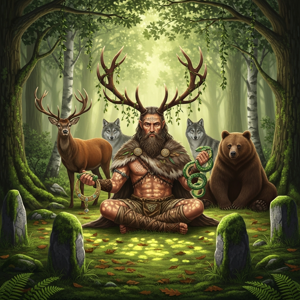 AI_IMAGE: Ancient Celtic Horned God Cernunnos sitting cross-legged in a sacred forest clearing, magnificent stag antlers growing from his head, holding a serpent in one hand and a Celtic torc necklace in the other, surrounded by forest animals (deer, wolves, bears), moss-covered standing stones, dappled green forest light, primal nature spirit atmosphere | digital-art | square