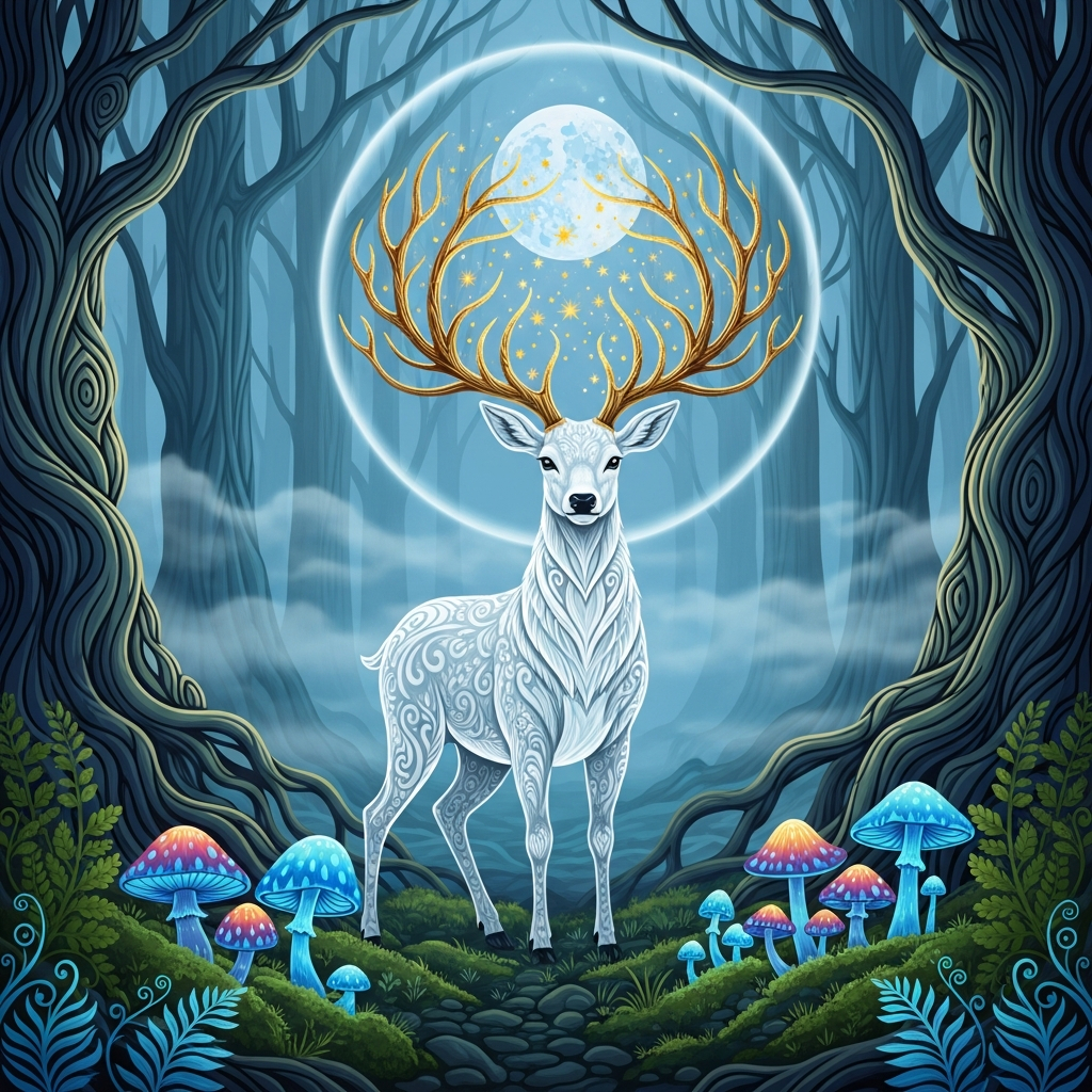AI_IMAGE: Ethereal white stag with magnificent golden antlers that seem to hold stars between their branches, standing in a misty ancient forest clearing, bioluminescent mushrooms glowing at its feet, moonlight creating a halo around the deer, mystical Hungarian folk art atmosphere | digital-art | square