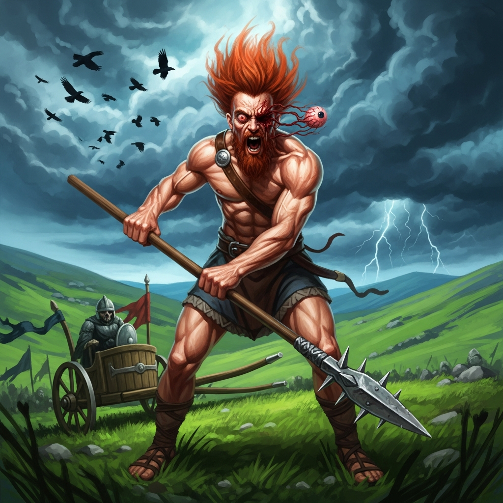 AI_IMAGE: Fierce Celtic warrior Cu Chulainn in battle frenzy (riastrad), body contorted with supernatural rage, one eye bulging while the other sinks into his skull, wielding the barbed spear Gae Bolga, standing on an Irish battlefield with emerald green hills, ancient Celtic war chariot behind him, dramatic stormy sky with ravens circling, wild and terrifying heroic atmosphere | digital-art | square
