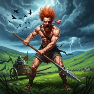 AI_IMAGE: Fierce Celtic warrior Cu Chulainn in battle frenzy (riastrad), body contorted with supernatural rage, one eye bulging while the other sinks into his skull, wielding the barbed spear Gae Bolga, standing on an Irish battlefield with emerald green hills, ancient Celtic war chariot behind him, dramatic stormy sky with ravens circling, wild and terrifying heroic atmosphere | digital-art | square