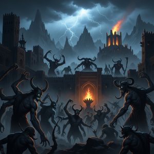 AI_IMAGE: Group of monstrous Persian Daevas (demons) of various shapes lurking in a dark mountain fortress, some with horns and tusks, others with multiple arms, shadowy forms with glowing eyes, ancient Zoroastrian fire temple burning defiantly in the distance, thunderstorm raging above, dark fantasy Persian architecture, menacing horde atmosphere | digital-art | square