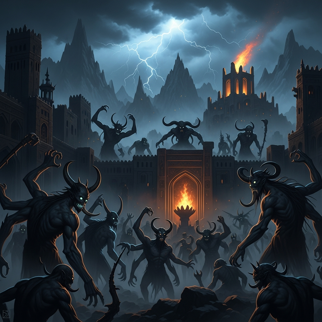 AI_IMAGE: Group of monstrous Persian Daevas (demons) of various shapes lurking in a dark mountain fortress, some with horns and tusks, others with multiple arms, shadowy forms with glowing eyes, ancient Zoroastrian fire temple burning defiantly in the distance, thunderstorm raging above, dark fantasy Persian architecture, menacing horde atmosphere | digital-art | square
