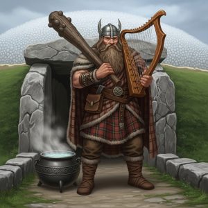 AI_IMAGE: Mighty Celtic god Dagda as a large jovial bearded warrior king, wearing rough plaid garments, carrying his enormous magical club that can kill with one end and resurrect with the other, his bottomless cauldron of plenty steaming beside him, playing his magical oak harp, standing at Newgrange passage tomb entrance at winter solstice, warm and powerful fatherly atmosphere | digital-art | square